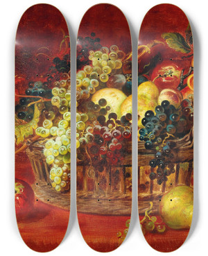 Triptych art skateboard deck of Ludwig Adam Kunz Still Life With Basket Of Fruit by Adam Ludwig Kunz (1857-1929)