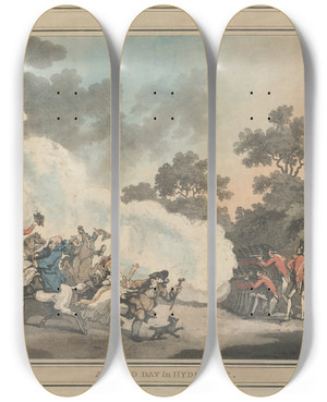 Triptych art skateboard deck of Thomas Rowlandson A Field Day In Hyde Park by Thomas Rowlandson (1756-1827)