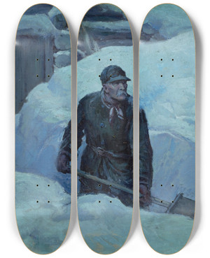Triptych art skateboard deck of William Henry Dethlef Koerner Shoveling Out by William Henry Dethlef Koerner (1878-1938)