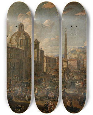 Triptych art skateboard deck of Anton Goubau Piazza Navona In Rome by Anton Goubau (1616-1698)