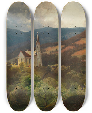 Triptych art skateboard deck of Anton Hlavacek Bergkirche by Anton Hlavacek (1842-1926)