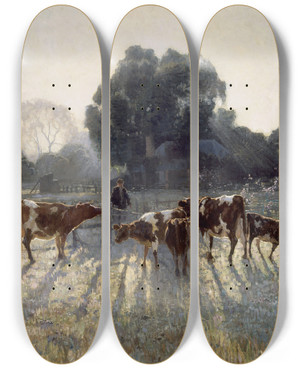 Triptych art skateboard deck of Elioth Gruner Spring Frost by Elioth Gruner (1882-1939)