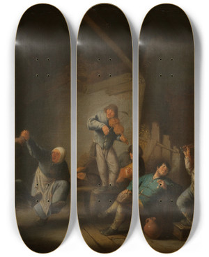 Triptych art skateboard deck of Adriaen Van Ostade Dancing Couple by Adriaen Van Ostade (1610-1684)