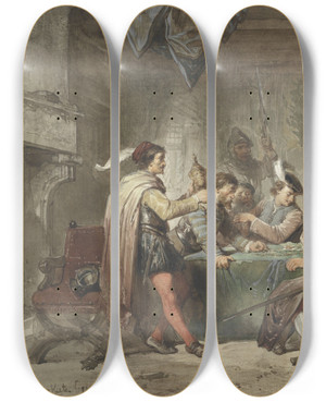 Triptych art skateboard deck of Herman Frederik Carel Ten Kate Het Verkopen Van De Buit by Herman Frederik Carel Ten Kate (1822-1891)