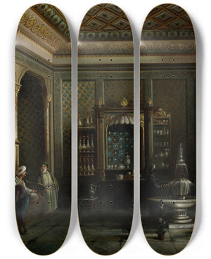 Triptych art skateboard deck of Megerdich Jivanian A Coffee House In Tophane by Megerdich Jivanian (1848-1906)