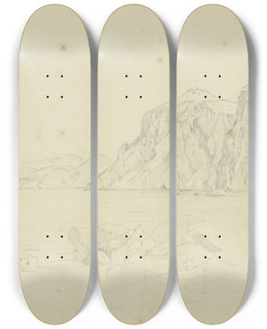 Triptych art skateboard deck of Johannes Thomas Rocky Coast Of Capri by Johannes Thomas (1793-1863)