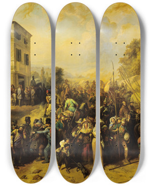 Triptych art skateboard deck of Peter Johann Nepomuk Geiger Der Auszug Der Rmer Aus Vicenza by Peter Johann Nepomuk Geiger (1805-1880)