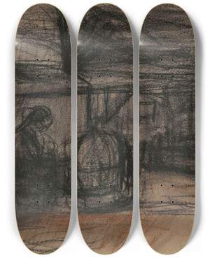 Triptych art skateboard deck of Jakob Smits Old Interior In The Kempen by Jakob Smits (1855-1928)