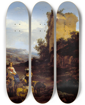 Triptych art skateboard deck of Nicolaes Pietersz Berchem Landscape With Ruins And Travelers by Nicolaes Pietersz Berchem (1620-1683)