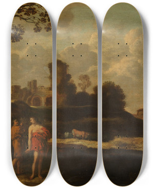 Triptych art skateboard deck of Dirck Dalens Arcadian Landscape With Herdsmen And Cattle by Dirck Dalens (1600-1676)