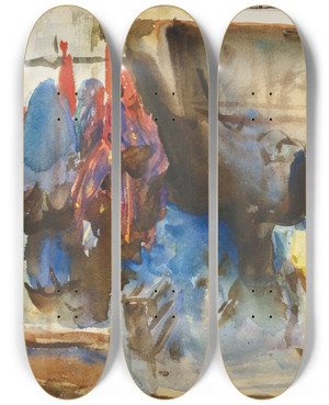 Triptych art skateboard deck of John Singer Sargent Interior Of A Shop Cairo by John Singer Sargent (1856-1925)