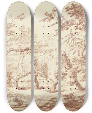 Triptych art skateboard deck of Johann Ludwig Von Pfeiff Wtender Faselochse In Einem Gebsch by Johann Ludwig Von Pfeiff (1710-1779)