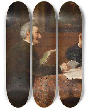 Triptych art skateboard deck of Reinhard Sebastian Zimmermann Ein Streitgesprch by Reinhard Sebastian Zimmermann (1815-1893)