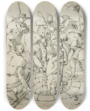 Triptych art skateboard deck of Francesco Allegrini Joseph Raised From The Well by Francesco Allegrini (1587-1663)