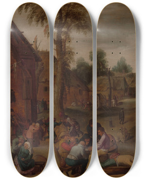 Triptych art skateboard deck of Adriaen Brouwer Village Fair by Adriaen Brouwer (1605-1638)