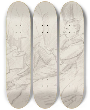 Triptych art skateboard deck of Ivan Ivanec Mczyzna Z Fajk Siedzcy W Schronie by Ivan Ivanec (1893-1946)
