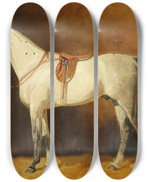 Triptych art skateboard deck of Emil Volkers Saddled Grey In A Stable by Emil Volkers (1831-1905)
