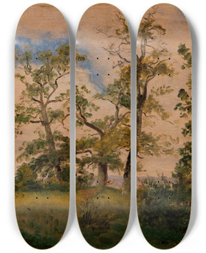 Triptych art skateboard deck of Dankvart Dreyer Landscape With Freestanding Trees by Dankvart Dreyer (1816-1852)