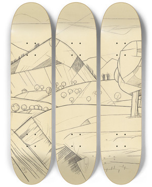 Triptych art skateboard deck of Karl Wiener Ohne Titel Landschaft by Karl Wiener (1901-1949)