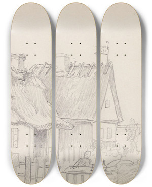 Triptych art skateboard deck of Adolph Tidemand Fra Taarbk by Adolph Tidemand (1814-1876)