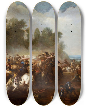 Triptych art skateboard deck of Manner Of Adam Frans Van Der Meulen Cavalry Skirmish In An Extensive Landscape With Village In The Distance by Manner Of Adam Frans Van Der Meulen (1632-1690)