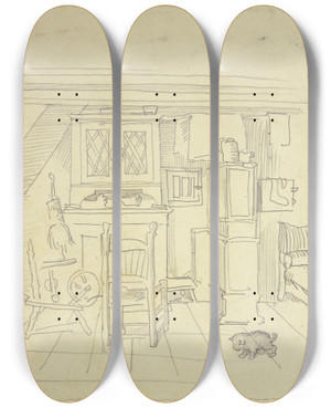 Triptych art skateboard deck of Wilhelm Busch Stube Mit Spinnrad Und Kleinem Hund by Wilhelm Busch (1832-1908)