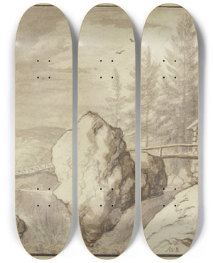 Triptych art skateboard deck of Allaert Van Everdingen Zwischen Felsstcken Ein Wasserfall Dabei Ein Steg Und Ein Haus Rechts Zwei Figuren by Allaert Van Everdingen (1621-1675)