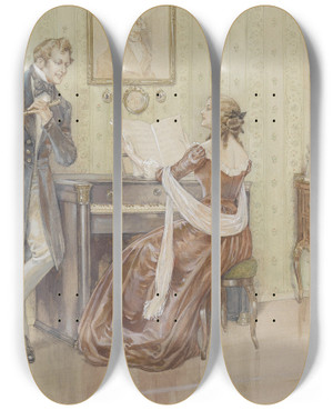 Triptych art skateboard deck of Carl Fischerkystrand Hausmusik by Carl Fischer Koystrand (1861-1918)