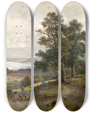Triptych art skateboard deck of Ludwig Sckell Am Ammersee by Ludwig Sckell (1833-1912)
