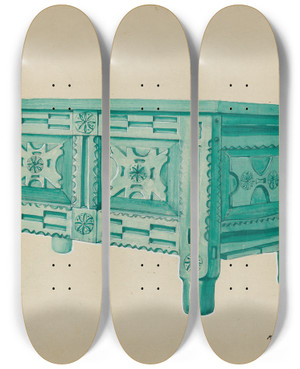 Triptych art skateboard deck of Majel G Claflin Chest For Clothing Or Blankets by Majel G Claflin (1893-1941)