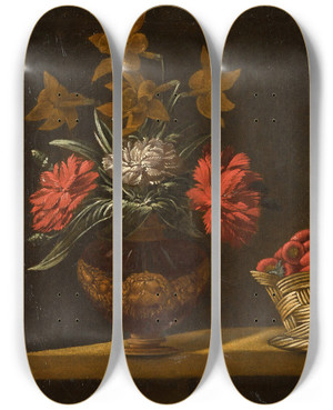 Triptych art skateboard deck of Spanish School Still Life With A Vase Of Flowers And A Basket Of Strawberries On A Table Top by Spanish School