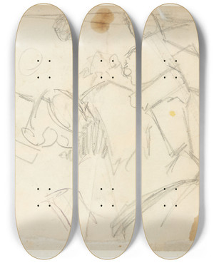 Triptych art skateboard deck of Edvard Weie Udkast Til Et Landskab Tre Dansende Figurer Antydet by Edvard Weie (1879-1943)
