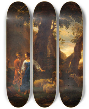 Triptych art skateboard deck of Nicolaes Pietersz Berchem Landscape With Peasants And Cattle_1 by Nicolaes Pietersz Berchem (1620-1683)