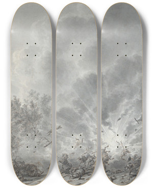 Triptych art skateboard deck of Dirk Langendijk An Explosion Near A Village by Dirk Langendijk (1748-1805)