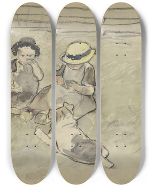 Triptych art skateboard deck of Adolf Le Comte Drie Meisjes Met Een Hond Zittend In Een Weiland by Adolf Le Comte (1850-1921)