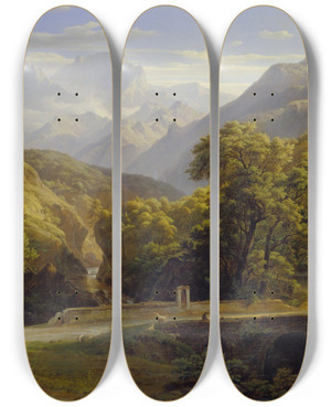 Triptych art skateboard deck of Ernst Fries Mountainscape by Ernst Fries (1801-1833)