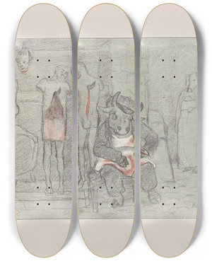 Triptych art skateboard deck of Pierre Puvis De Chavannes Les Caricatures De Puvis De Chavannes Pl35 by Pierre Puvis De Chavannes (1824-1898)