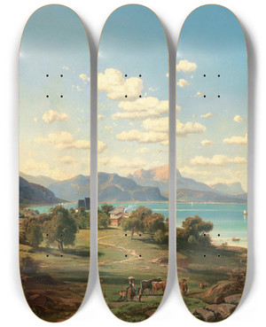 Triptych art skateboard deck of Josef Mayburger A View Of Steinbach Am Attersee With Unterach Schafberg The Drachenwand In The Background by Josef Mayburger (1814-1908)