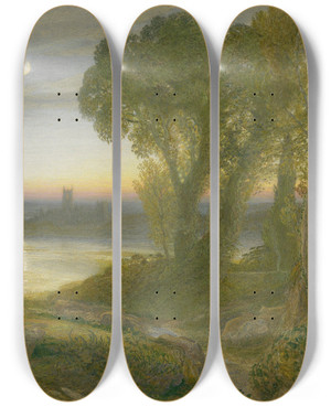 Triptych art skateboard deck of Samuel Palmer The Curfew by Samuel Palmer (1805-1881)