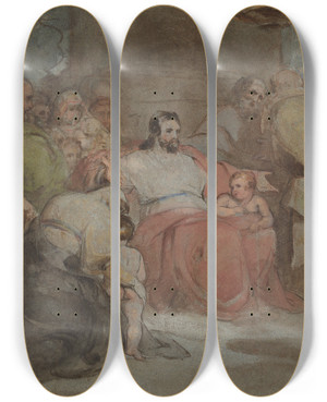 Triptych art skateboard deck of Thomas Sully Suffer The Little Children by Thomas Sully (1783-1872)