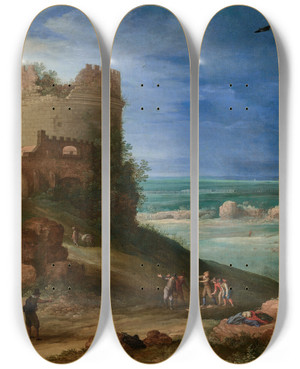 Triptych art skateboard deck of Paul Bril Capriccio Of The Via Appia Antica Near Rome With The Tomb Of Cecilia Metella And The Claudian Aqueduct by Paul Bril (1554-1626)