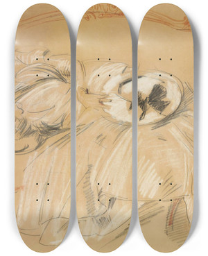 Triptych art skateboard deck of Paul Csar Helleu Jeune Femme Au Divan by Paul Cesar Helleu (1859-1927)