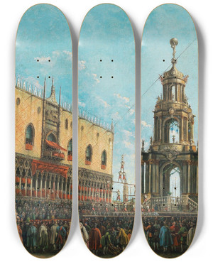 Triptych art skateboard deck of Giuseppe Bernardino Bison The Giovedi Grasso Festival Before The Ducal Palace In Venice by Giuseppe Bernardino Bison (1762-1844)