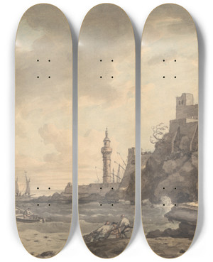 Triptych art skateboard deck of William Marlow View Of Leghorn by William Marlow (1740-1813)