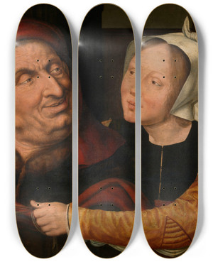 Triptych art skateboard deck of Quentin Massys Ongelijke Geliefden by Quentin Massys (1466-1530)