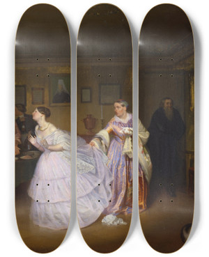 Triptych art skateboard deck of Pavel Fedotov The Major Makes A Proposal Inspecting A Bride In A Merchants House by Pavel Fedotov (1815-1852)