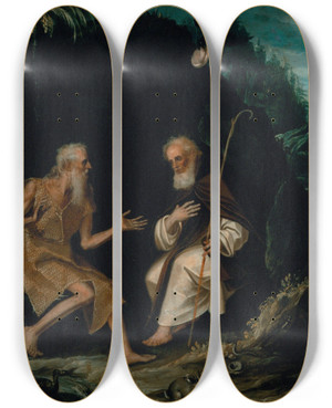 Triptych art skateboard deck of Baltasar De Echave Iba The Hermits Saint Paul And Saint Anthony by Baltasar de Echave Iba (1583-1644)