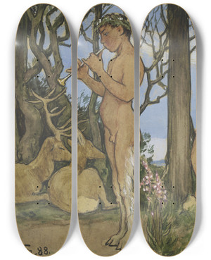 Triptych art skateboard deck of Hans Thoma Faun And Nymph by Hans Thoma (1839-1924)