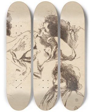 Triptych art skateboard deck of Albert Besnard Four Heads Of Women Study For The Happy Island Quatre Ttes De Femmes Tude Pour Lile Heureuse by Albert Besnard (1849-1934)