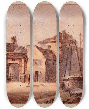 Triptych art skateboard deck of Augustesbastien Bnard Vue Des Restes De Lglise Saint Martin Place De La Collgiale Faubourg Saint Marcel by Auguste-Sbastien Bnard (1810-1873)